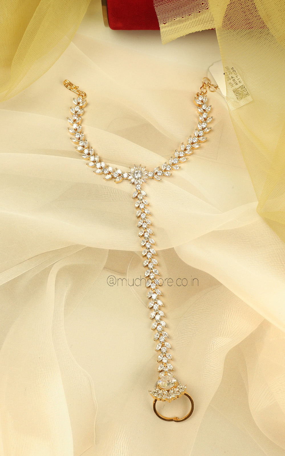 Gold Polish Diamond Hathphool With Sparkling Detailing