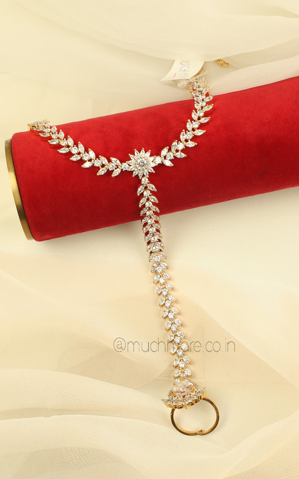 Gold Polish Diamond Hathphool With Sparkling Detailing