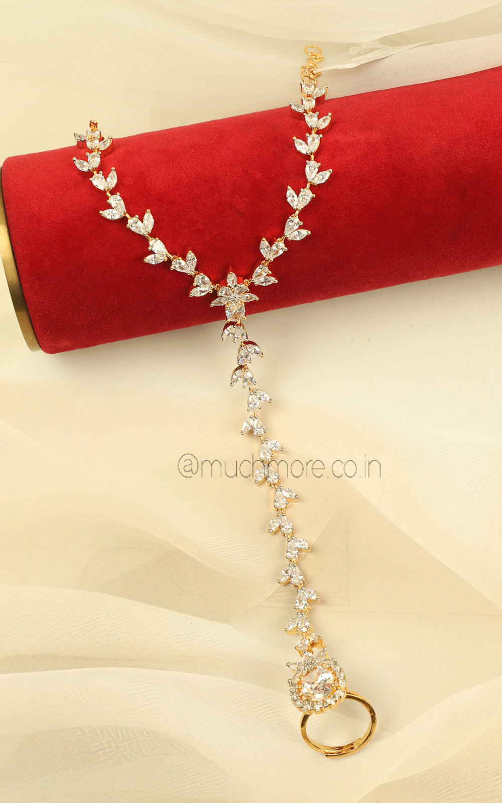 Sleek Gold Polish Zircon Hathphool Ring Bracelet For Brides