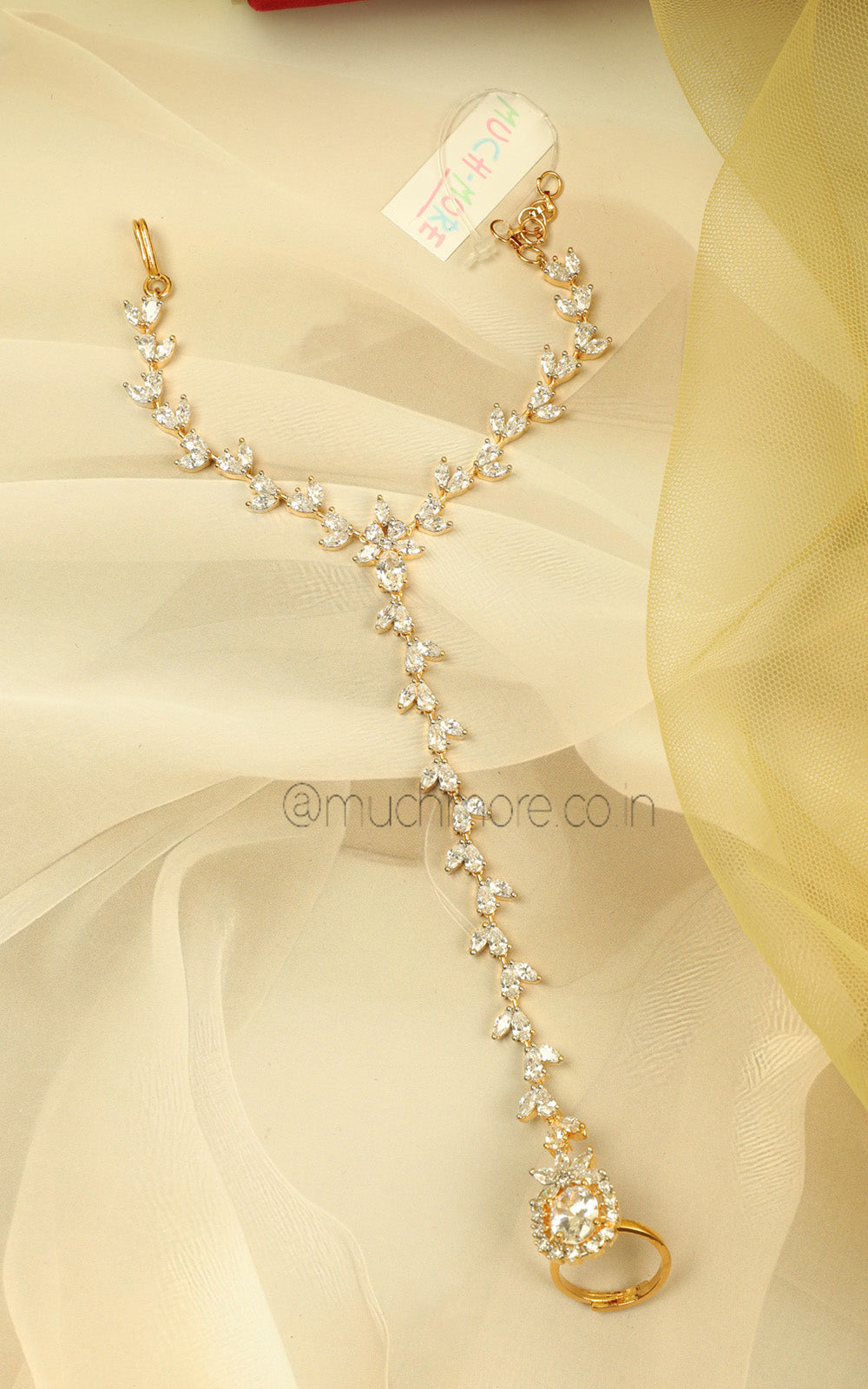 Sleek Gold Polish Zircon Hathphool Ring Bracelet For Brides