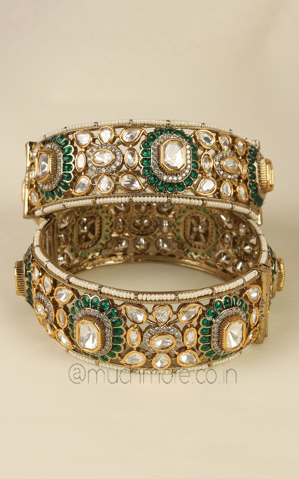 Emerald Green Designer Polki And Diamond Kangan Bangles Online