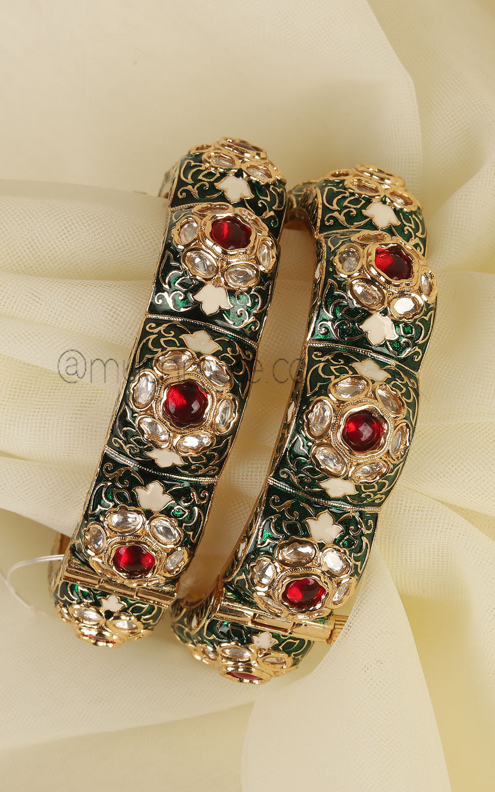 Ruby Green Meenakari Work Gold Polish Traditional Bangles