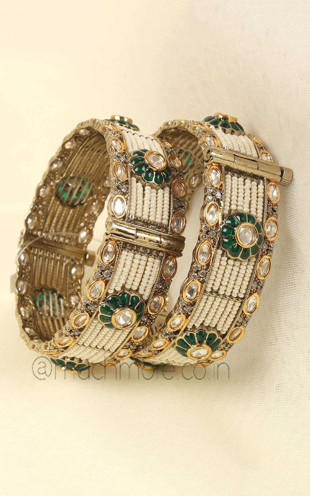 Pearl With Polki And Emerald Green Designer Bangles