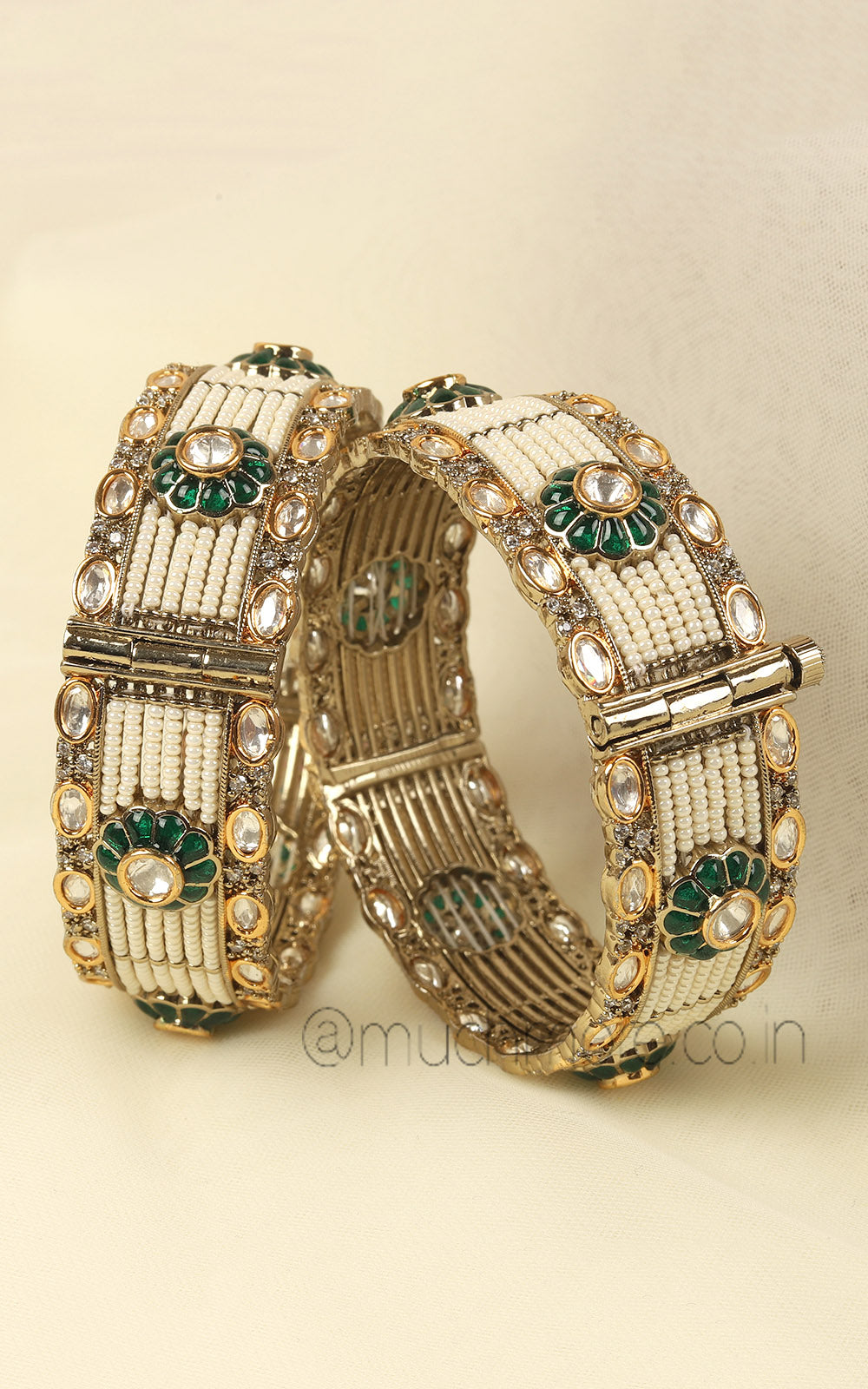 Pearl With Polki And Emerald Green Designer Bangles