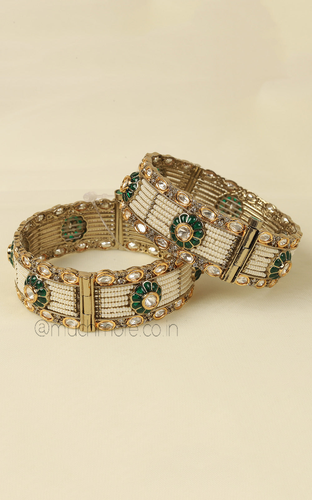 Pearl With Polki And Emerald Green Designer Bangles