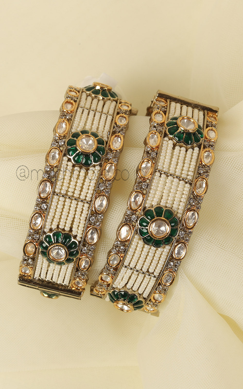 Pearl With Polki And Emerald Green Designer Bangles