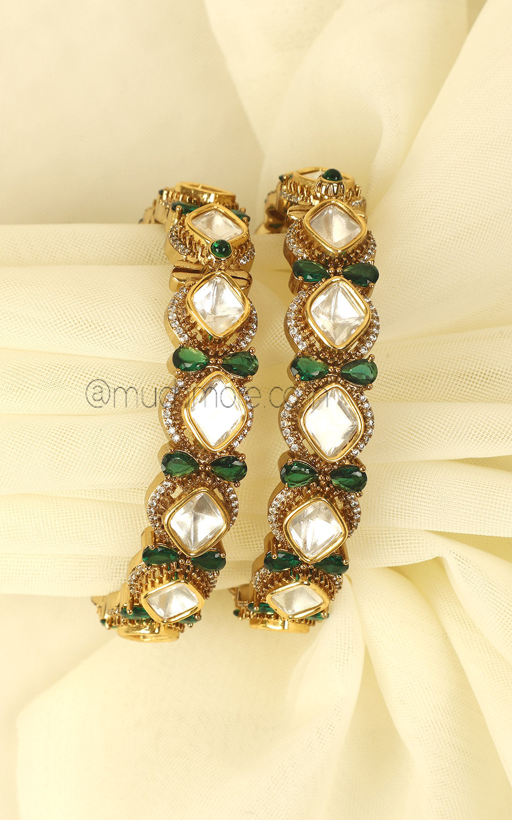 Emerald Green Kundan Polki Gold Polish Luxury Bangles