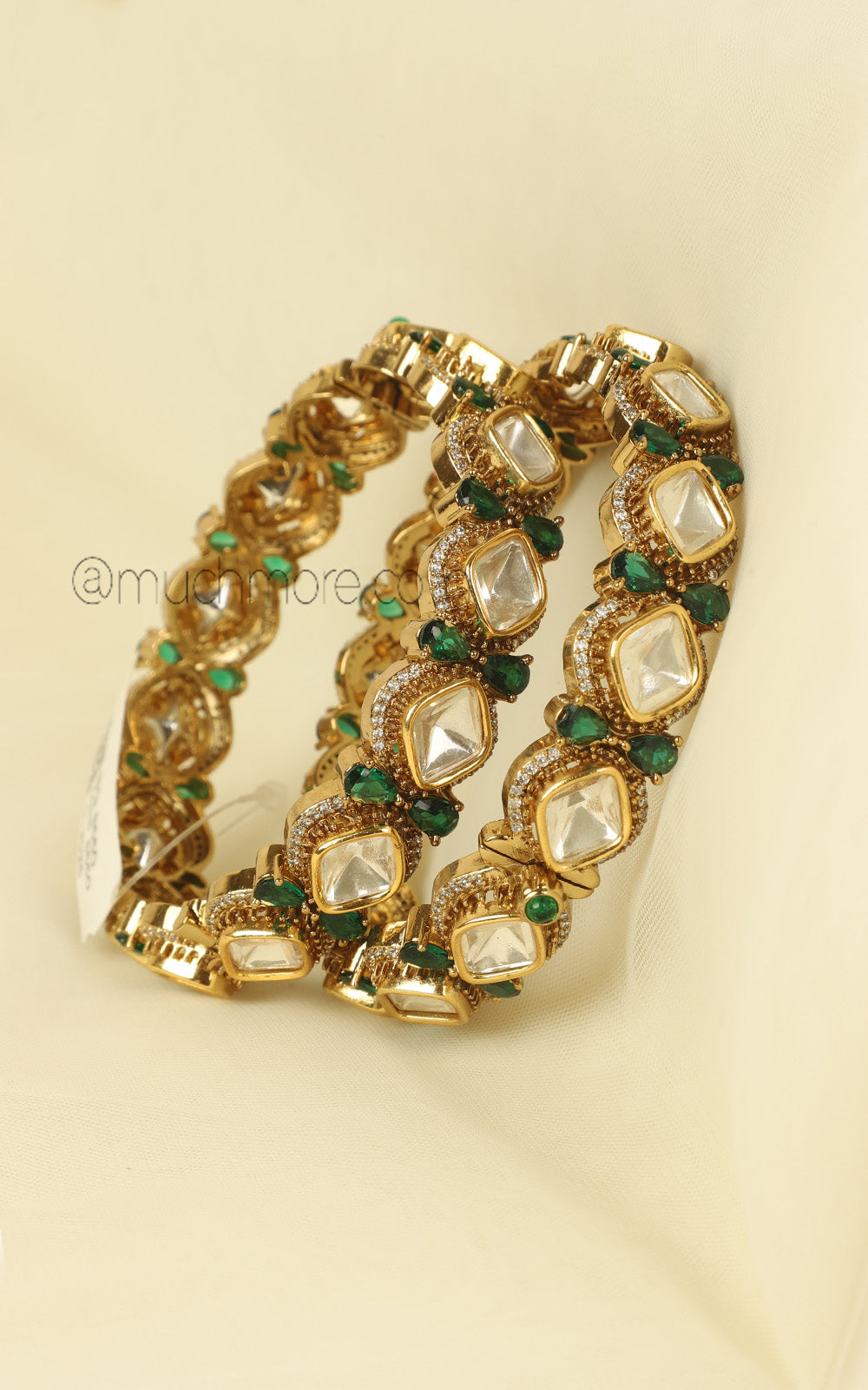 Emerald Green Kundan Polki Gold Polish Luxury Bangles