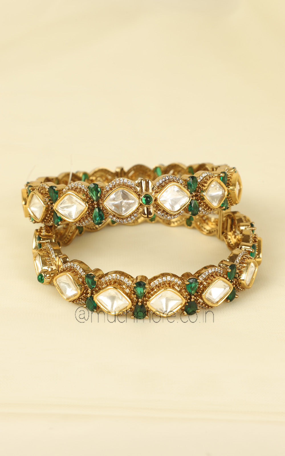 Emerald Green Kundan Polki Gold Polish Luxury Bangles