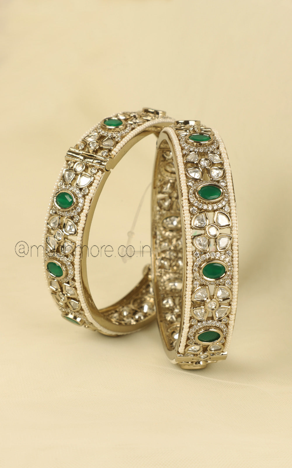 Antique Gold Traditional Emerald Green Kundan Pearl Bangles
