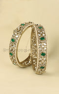 Antique Gold Traditional Emerald Green Kundan Pearl Bangles