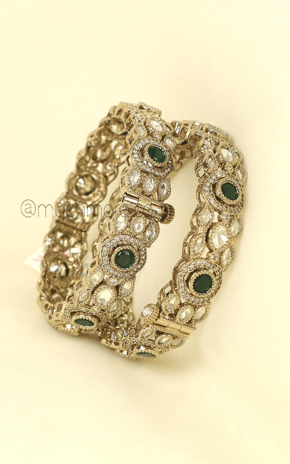 Antique Gold Polish Emerald Green Side Openable Bangles
