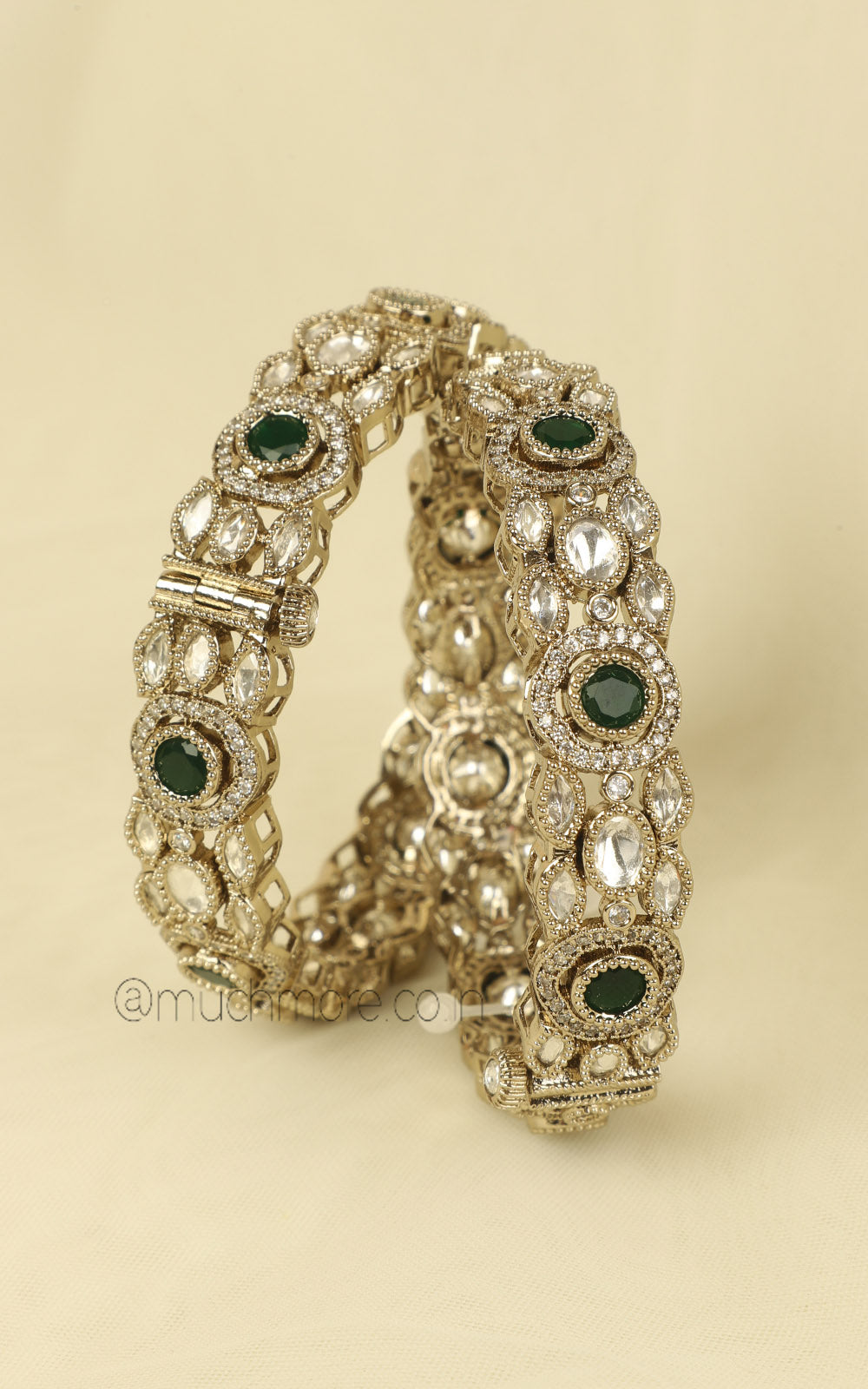 Antique Gold Polish Emerald Green Side Openable Bangles
