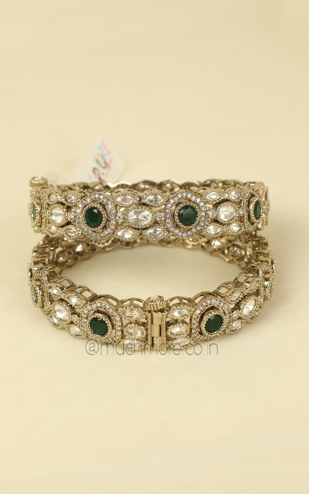Antique Gold Polish Emerald Green Side Openable Bangles