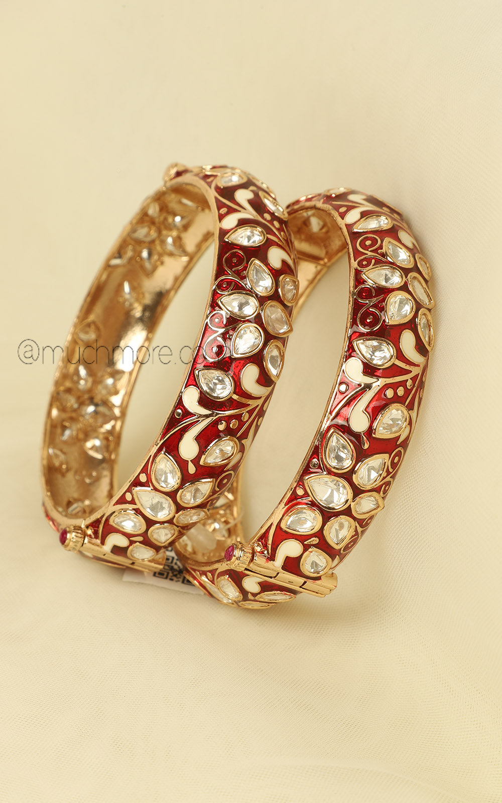Ruby Enamel Work Kundan Bangles With Kundan Stone
