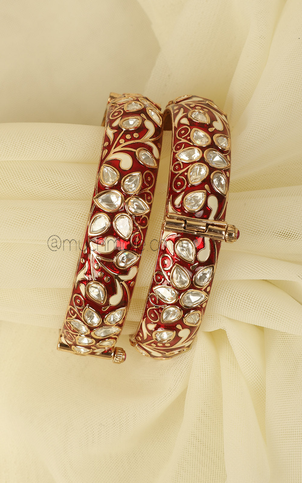 Ruby Enamel Work Kundan Bangles With Kundan Stone