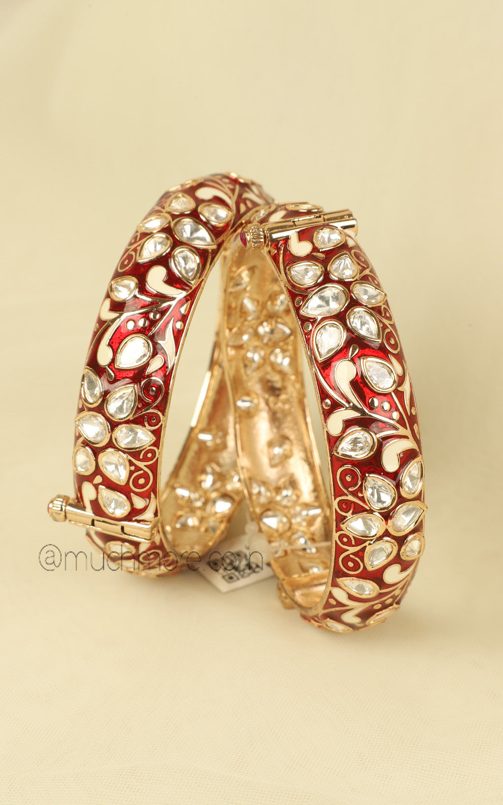 Ruby Enamel Work Kundan Bangles With Kundan Stone