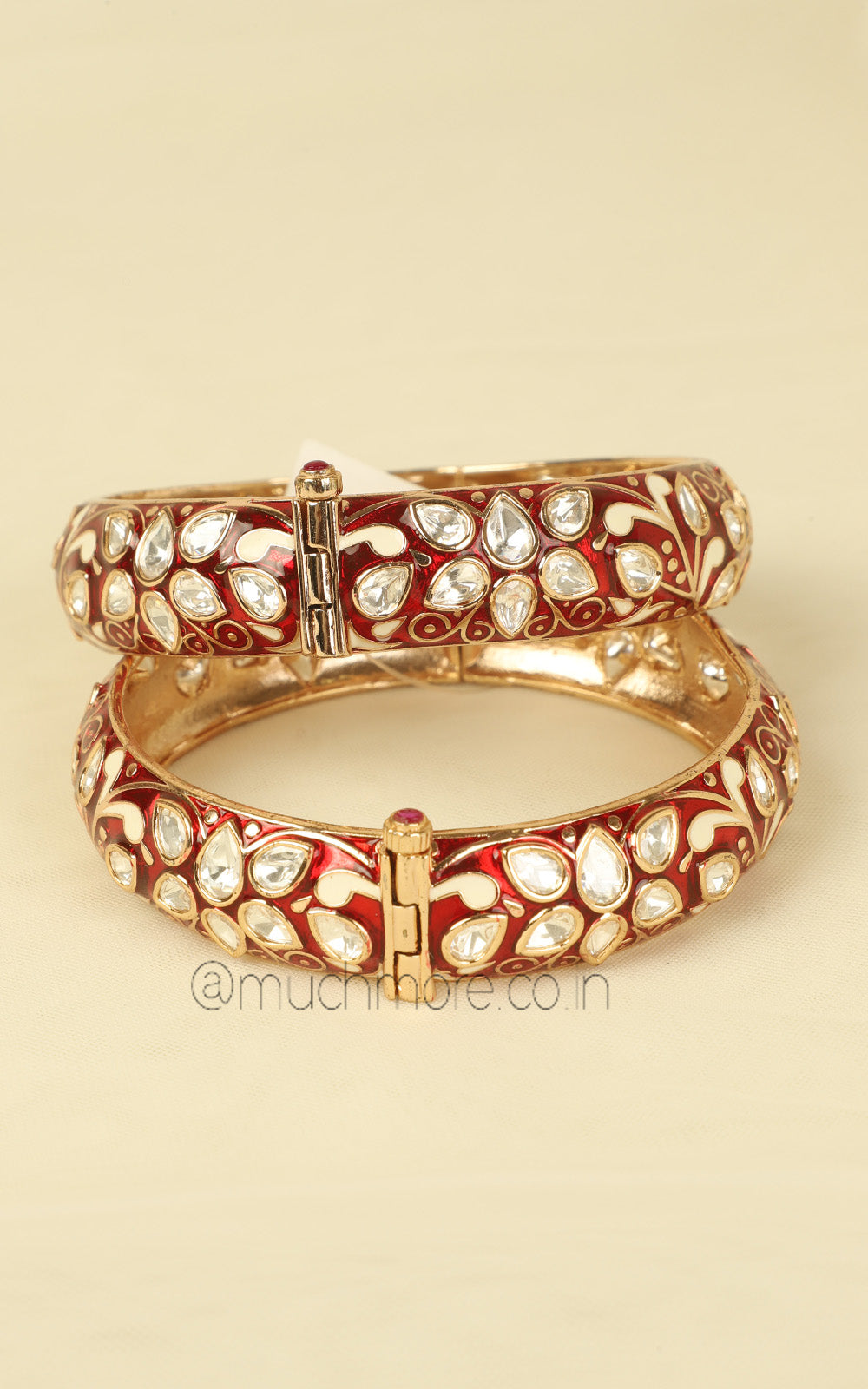 Ruby Enamel Work Kundan Bangles With Kundan Stone