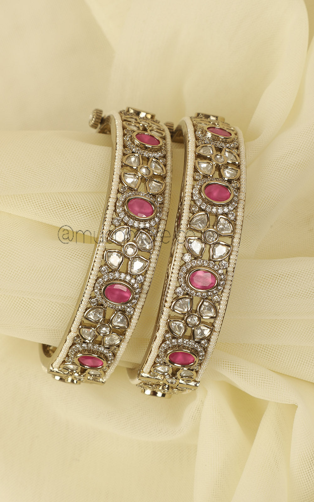 Designer Kundan Antique Gold Bangles Traditional With Ruby & Pearls