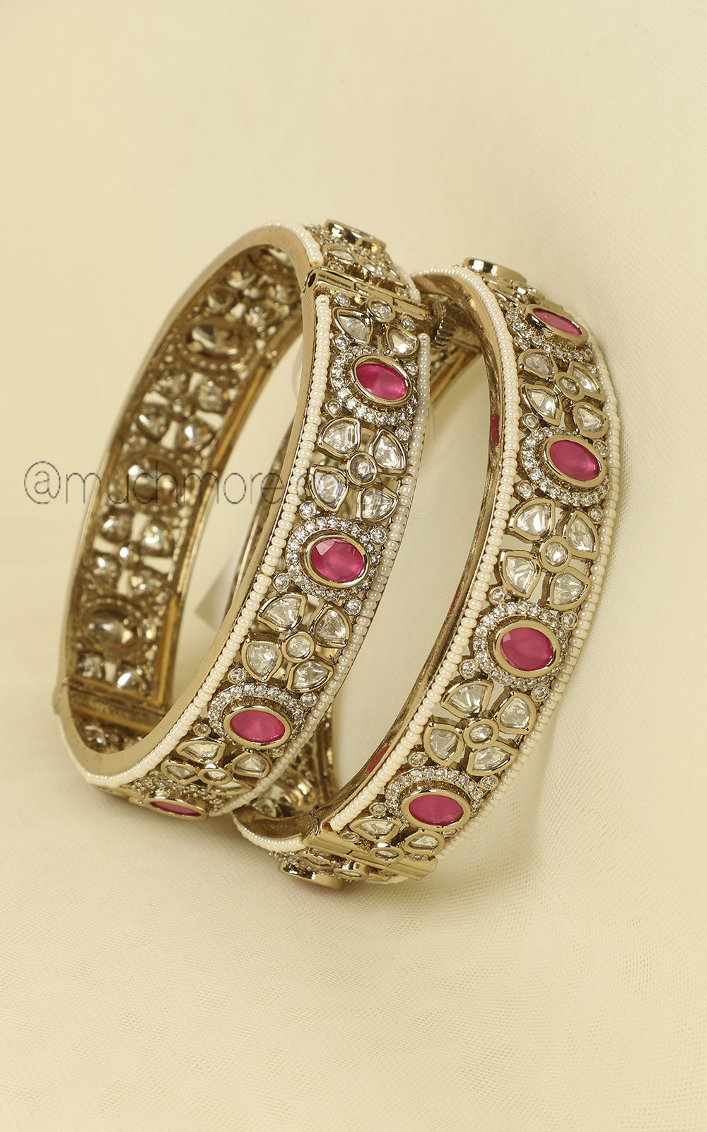 Designer Kundan Antique Gold Bangles Traditional With Ruby & Pearls