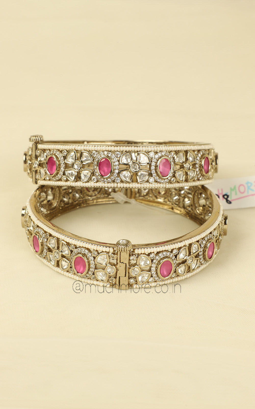 Designer Kundan Antique Gold Bangles Traditional With Ruby & Pearls