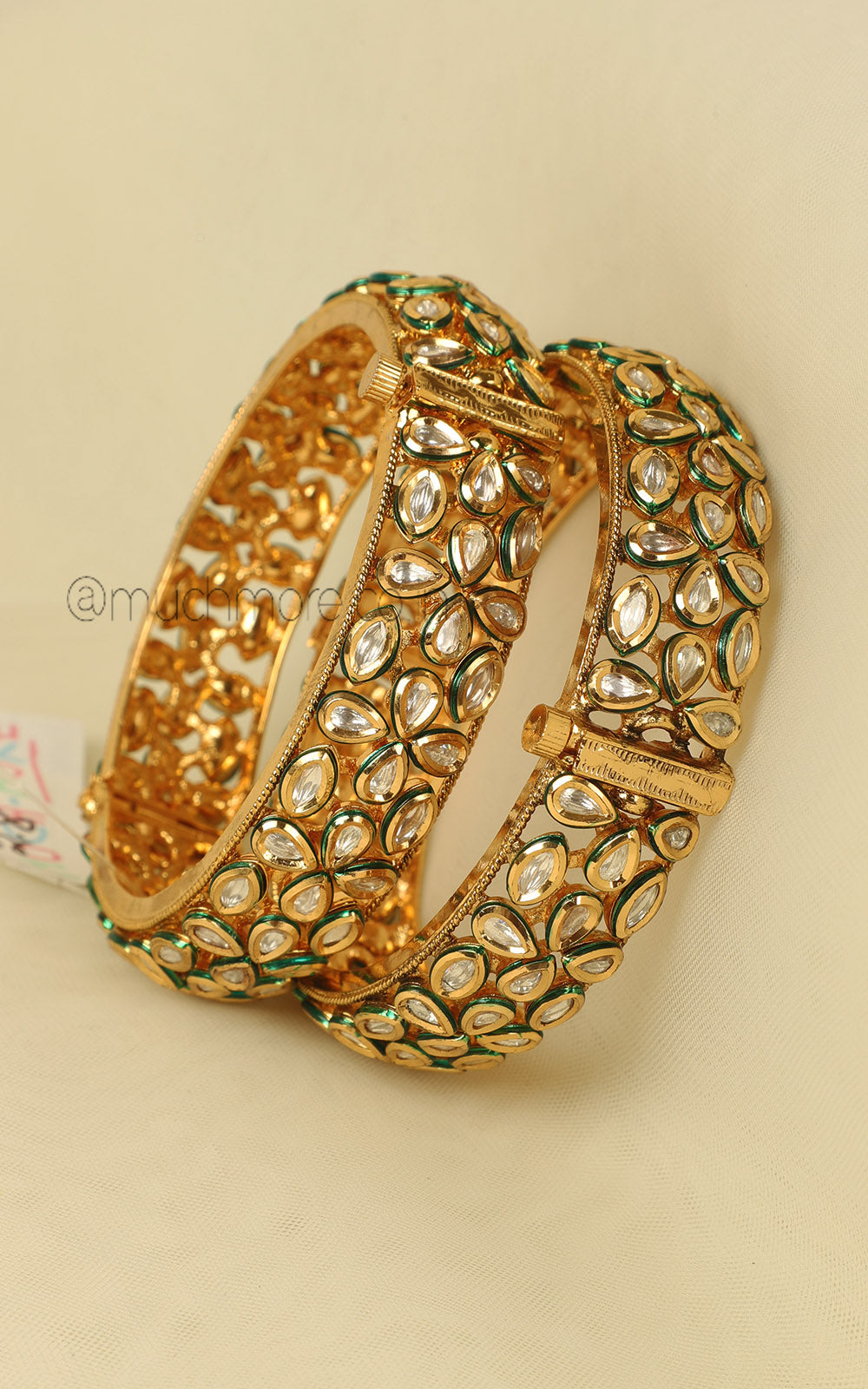 Gold Polish Kundan Traditional Broad Kangan Bangles