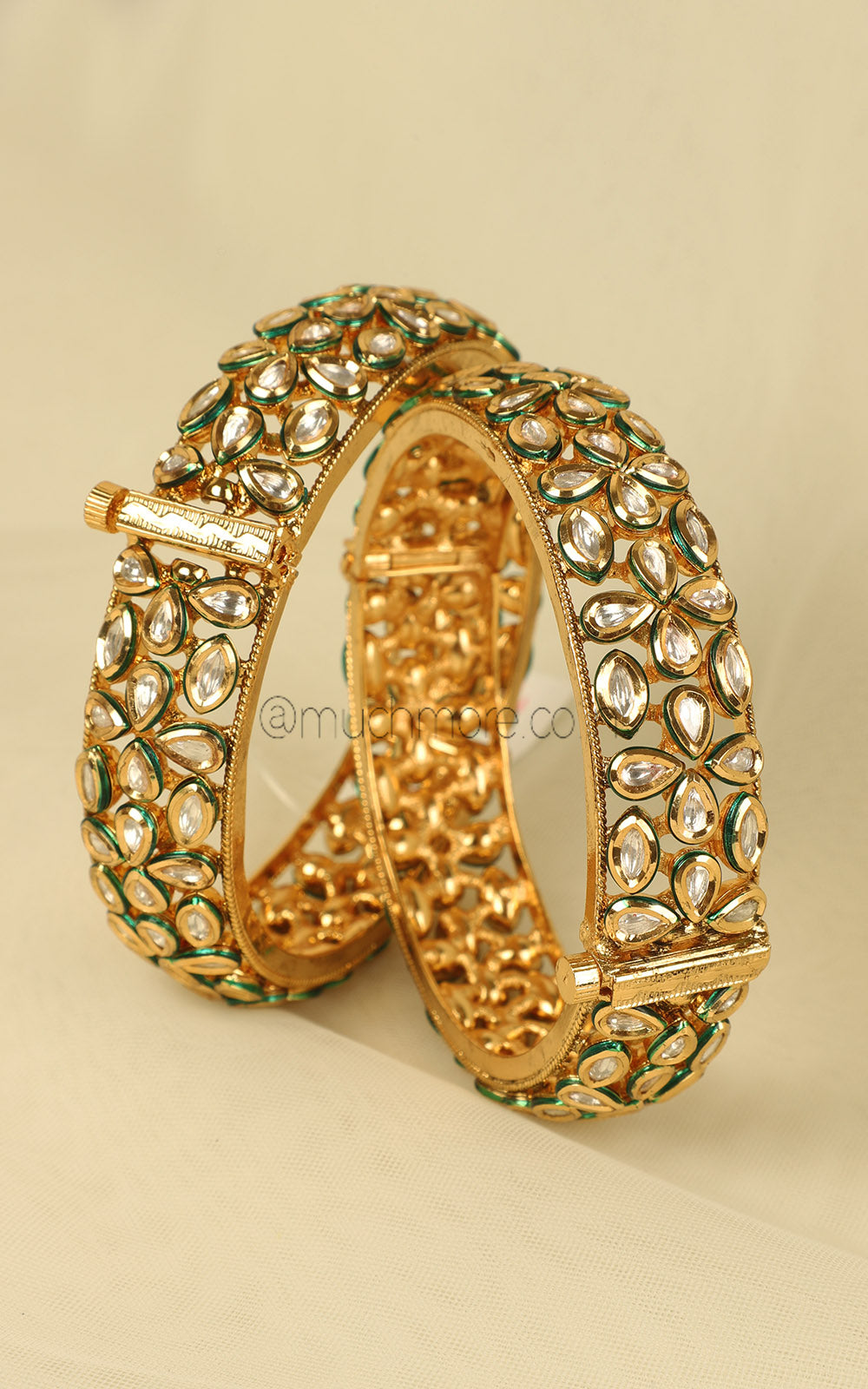 Gold Polish Kundan Traditional Broad Kangan Bangles