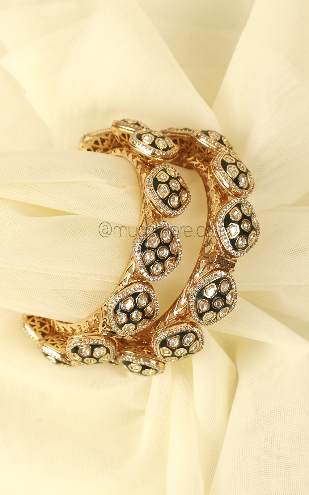 Emerald Green Enamel Kundan Polki Pachli Bangles