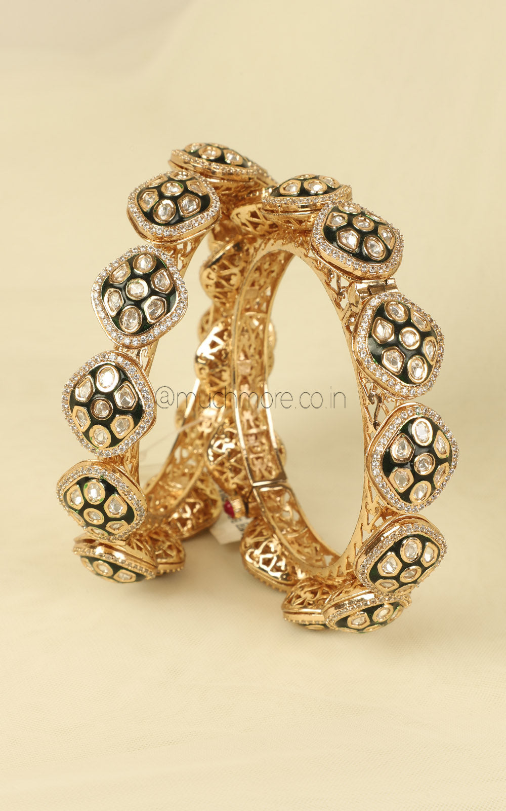 Emerald Green Enamel Kundan Polki Pachli Bangles
