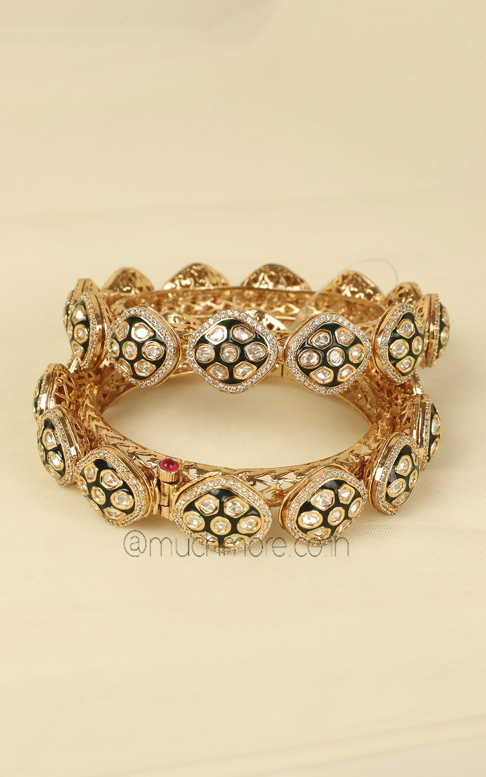 Emerald Green Enamel Kundan Polki Pachli Bangles
