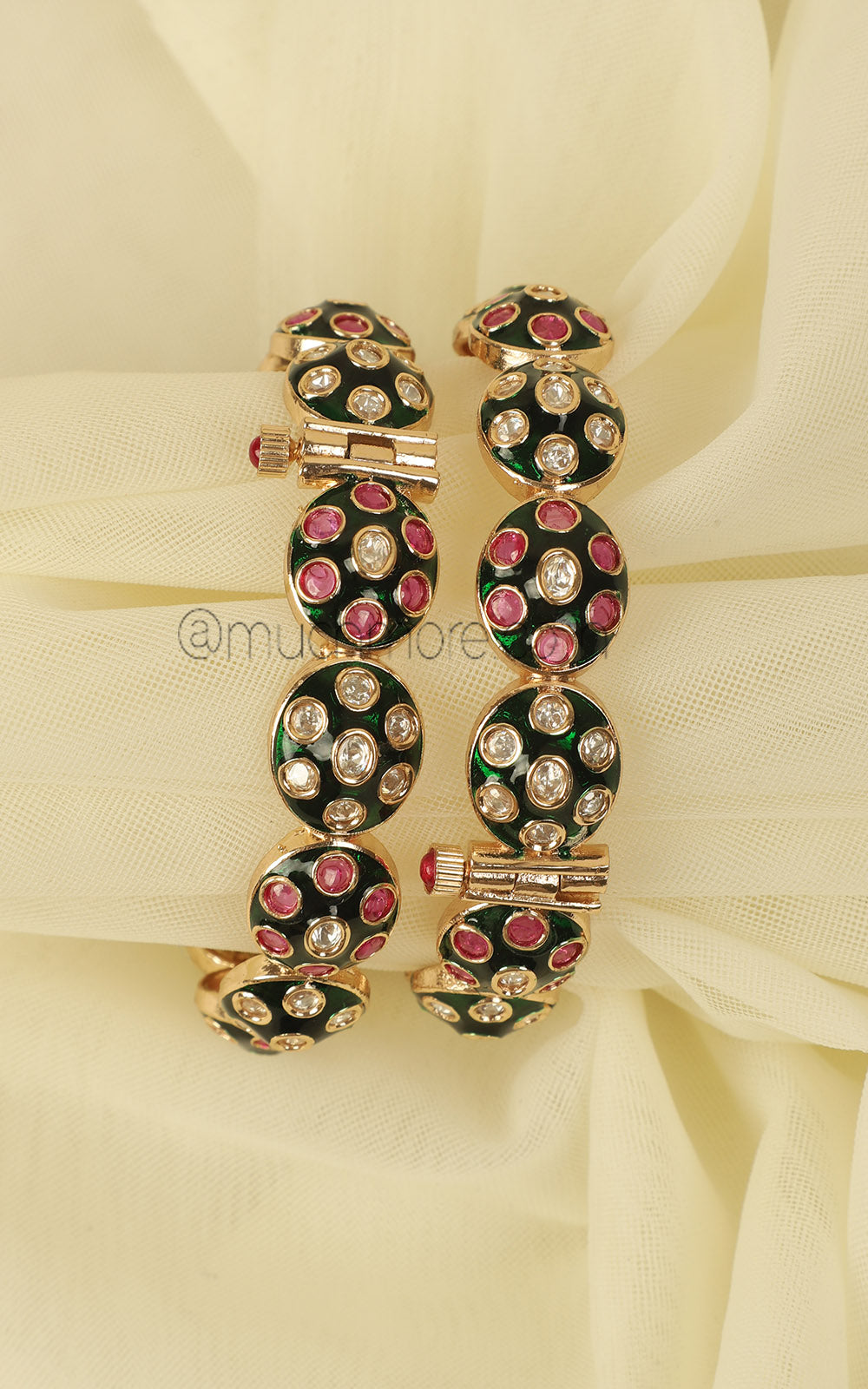 Ruby Kundan Emerald Green Enamel Work Bangles
