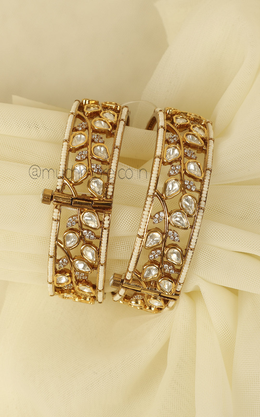 Uncut Kundan & Pearl Designer Bangles with Gold Polish