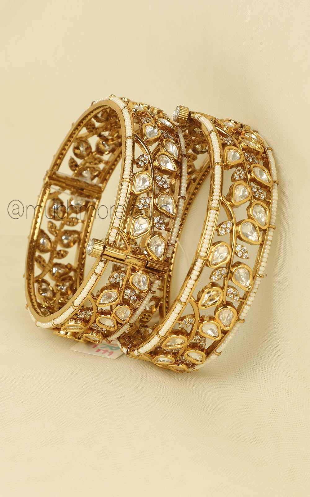 Uncut Kundan & Pearl Designer Bangles with Gold Polish