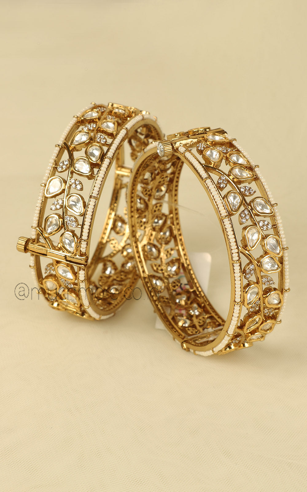 Uncut Kundan & Pearl Designer Bangles with Gold Polish