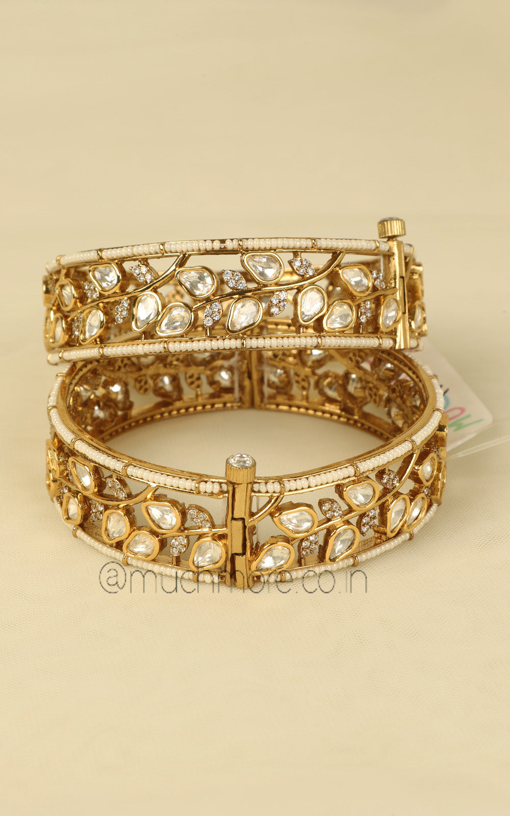 Uncut Kundan & Pearl Designer Bangles with Gold Polish