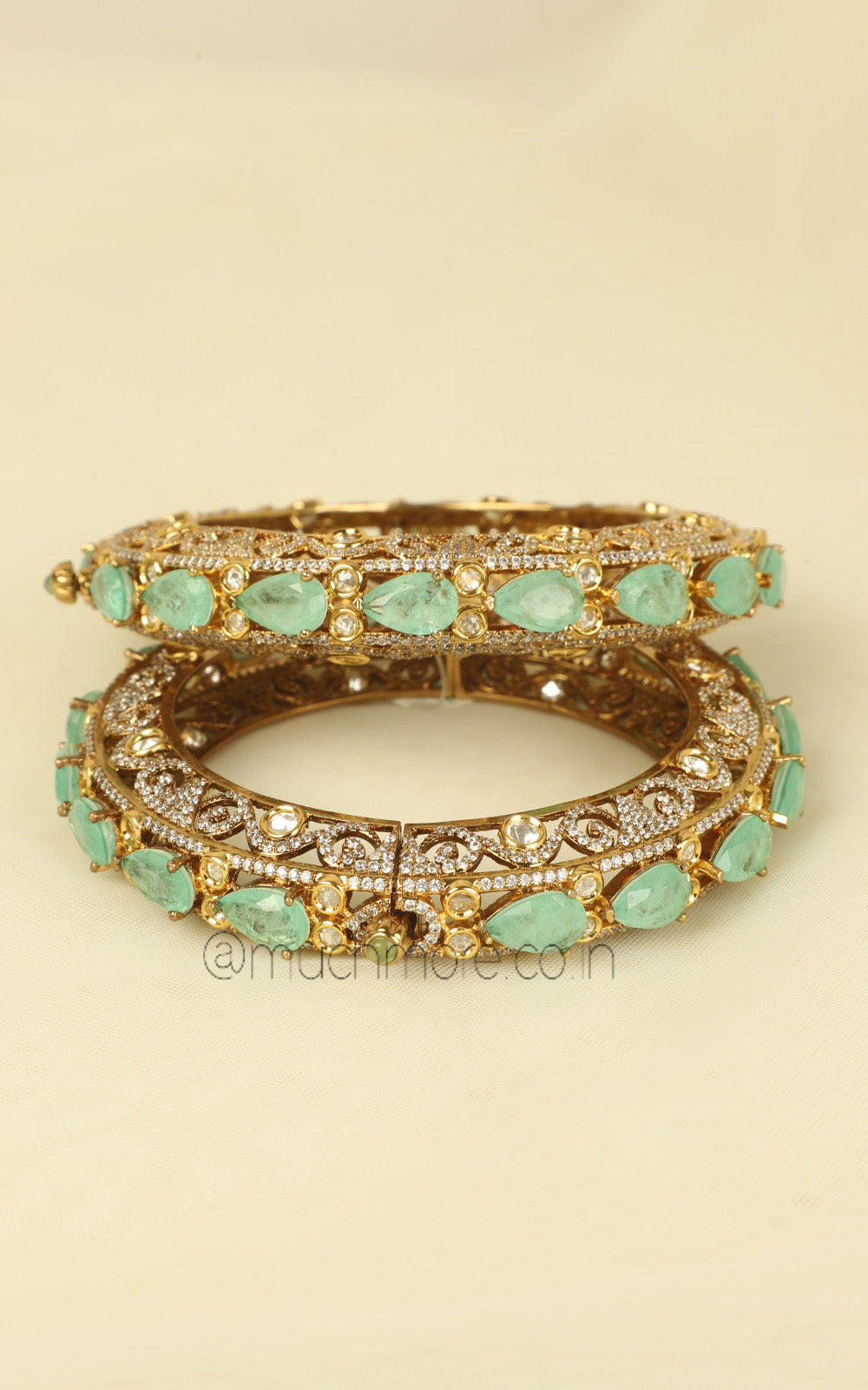 Mint Green Kundan & Doublet Diamond Bangles with Gold Polish