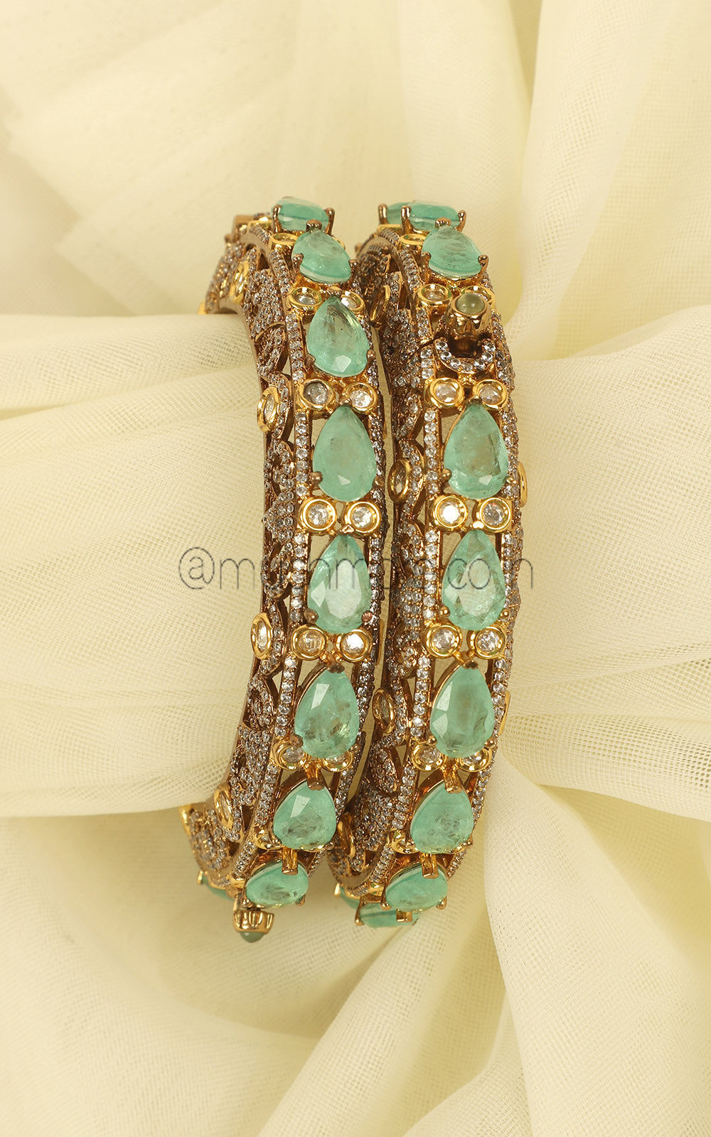 Mint Green Kundan & Doublet Diamond Bangles with Gold Polish