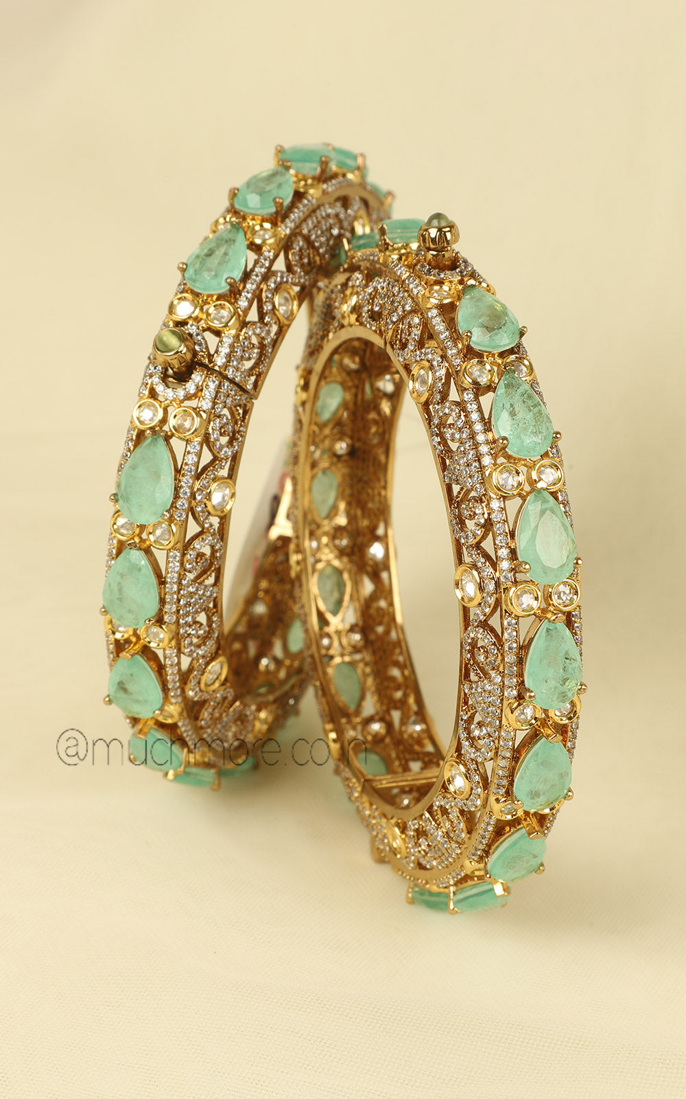 Mint Green Kundan & Doublet Diamond Bangles with Gold Polish