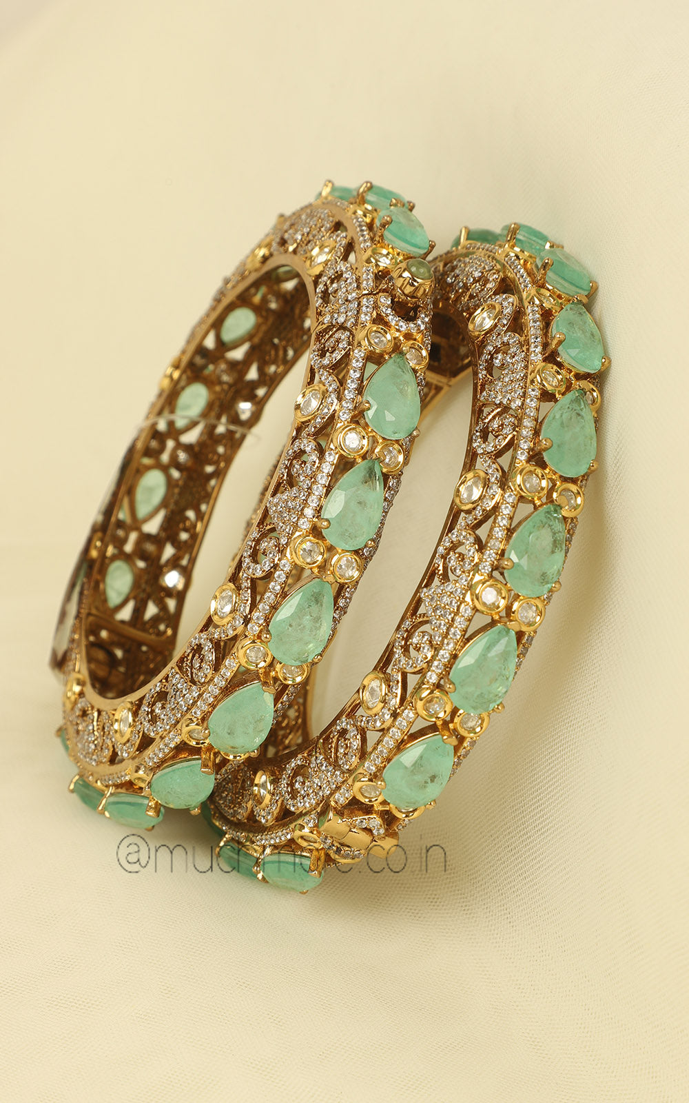 Mint Green Kundan & Doublet Diamond Bangles with Gold Polish