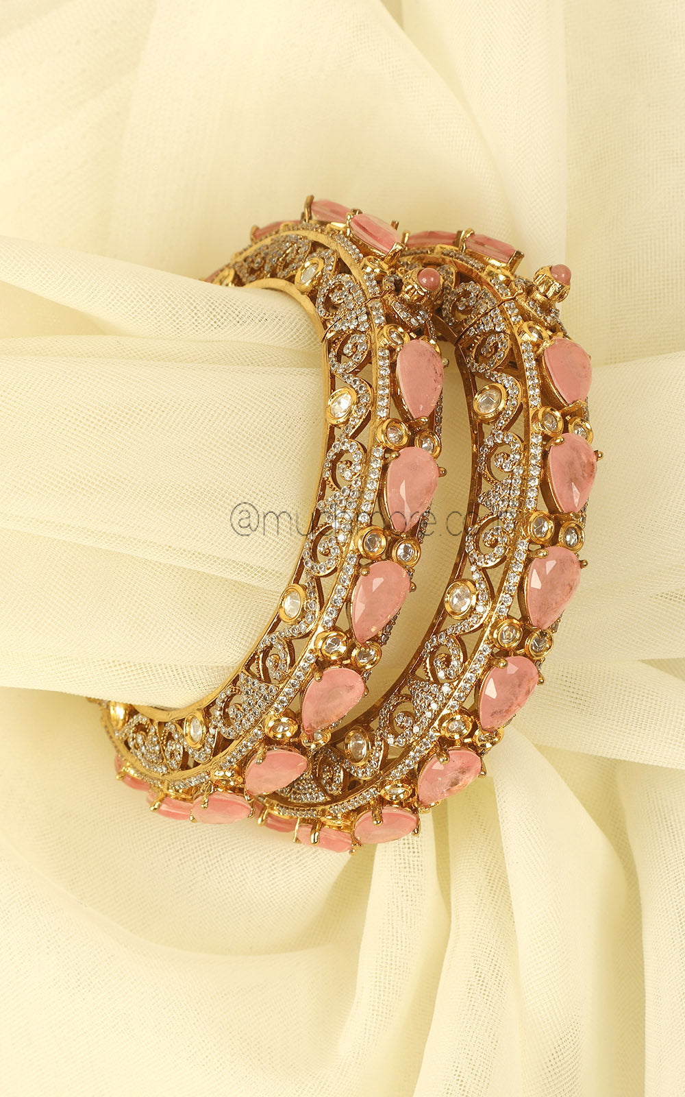 Baby Pink Kundan & Doublet Designer Bangles with Gold Polish