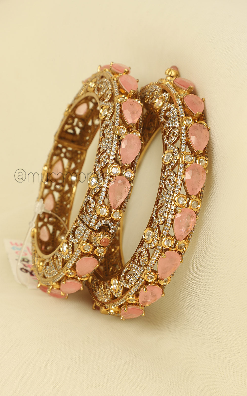 Baby Pink Kundan & Doublet Designer Bangles with Gold Polish
