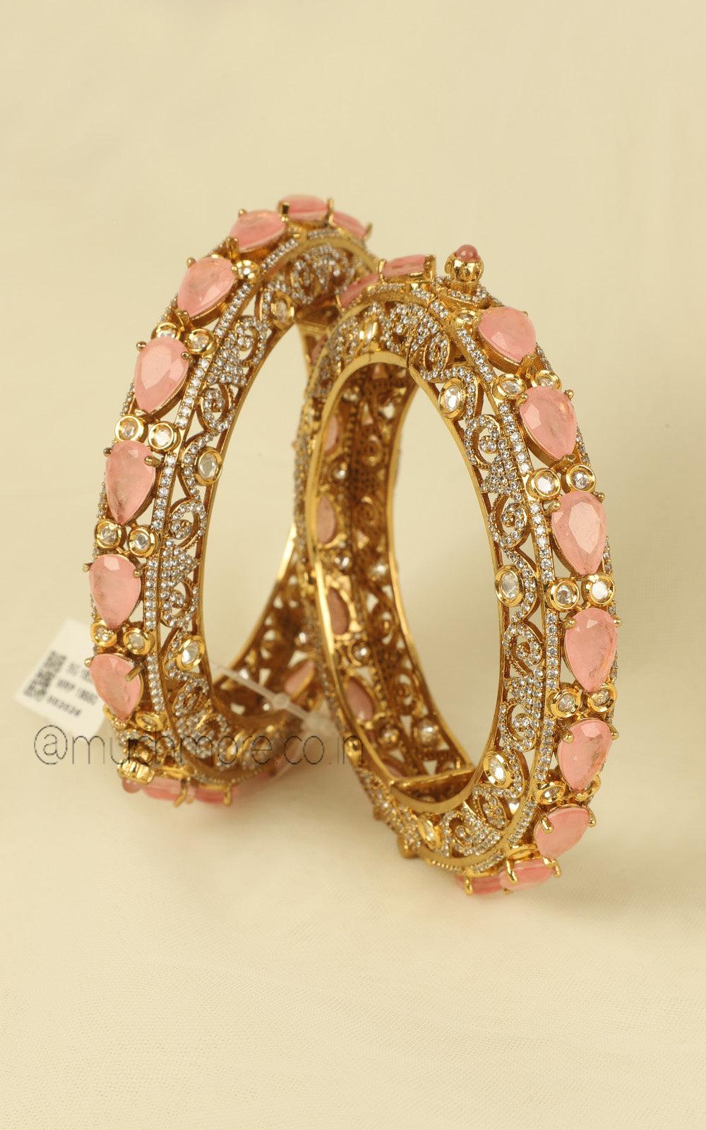 Baby Pink Kundan & Doublet Designer Bangles with Gold Polish