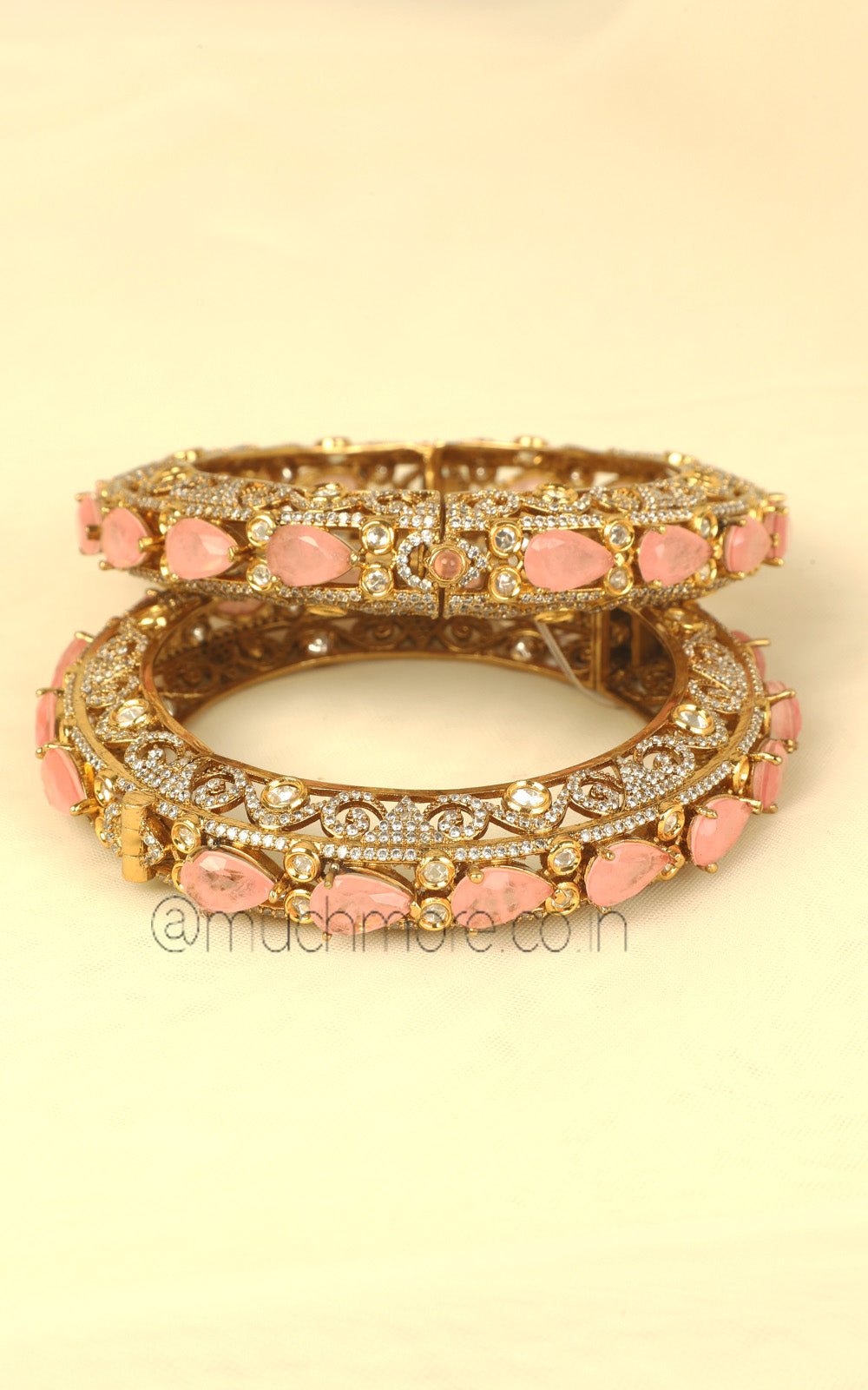 Baby Pink Kundan & Doublet Designer Bangles with Gold Polish