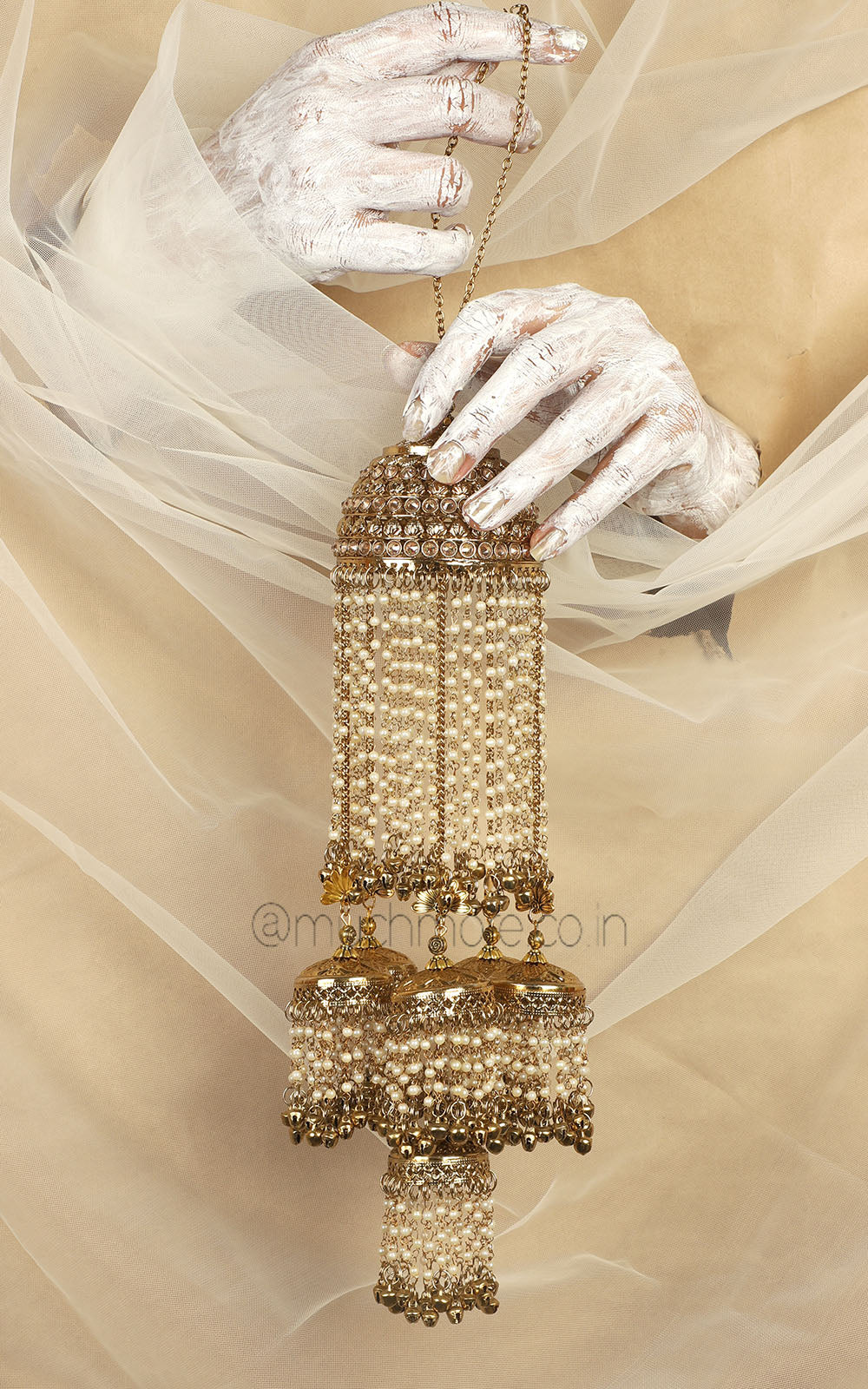 Antique Gold Polish Kaleera With Pearl And Chain For Wrist