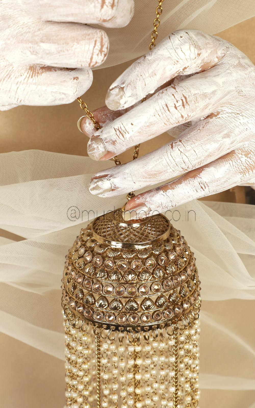 Antique Gold Polish Kaleera With Pearl And Chain For Wrist