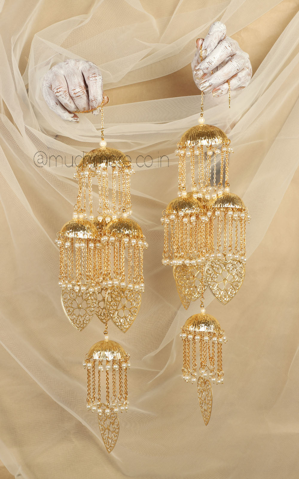 Yellow Gold Polish Bridal Kaleera With Heart Hangings