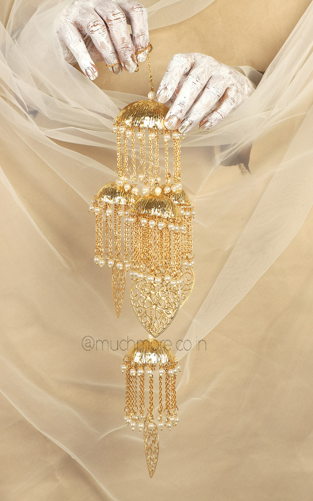Yellow Gold Polish Bridal Kaleera With Heart Hangings