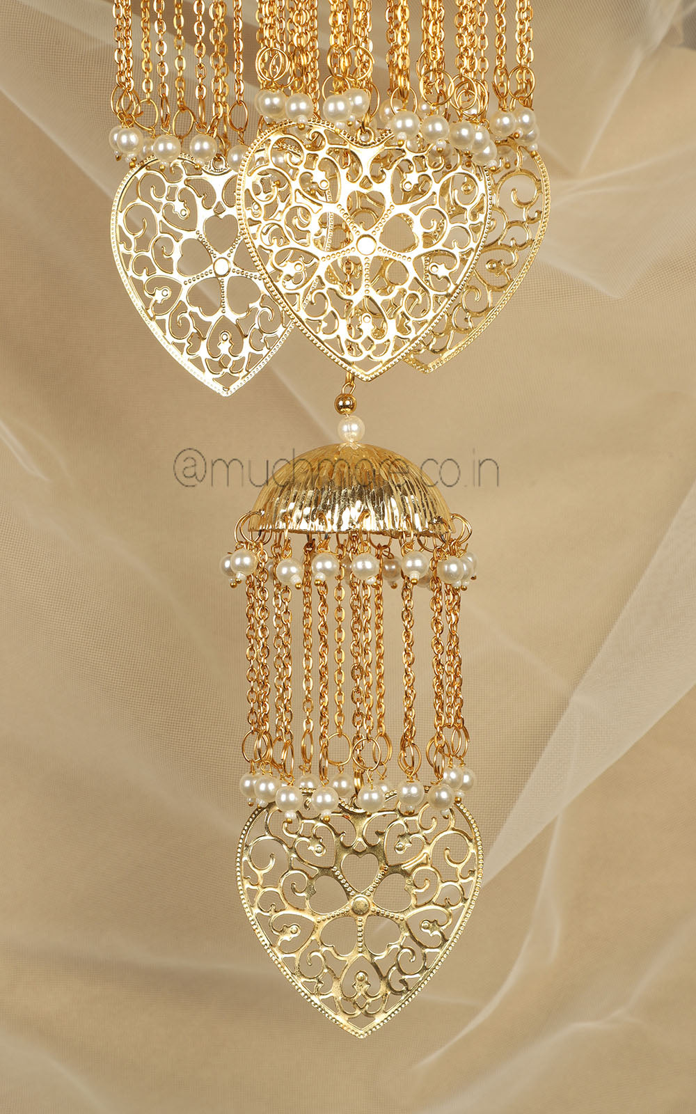 Yellow Gold Polish Bridal Kaleera With Heart Hangings