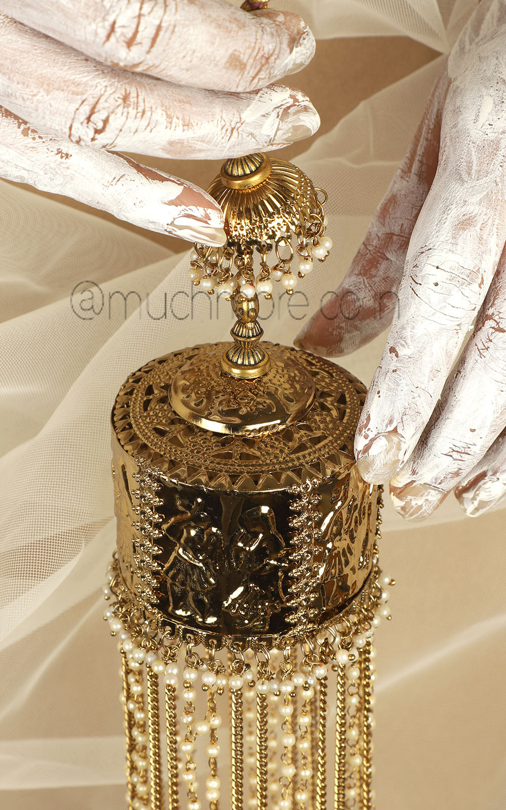 Antique Gold Pearl String With Jhumki Hanging And Barati Design