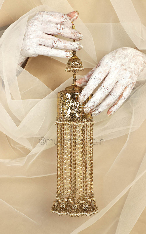 Antique Gold Pearl String With Jhumki Hanging And Barati Design